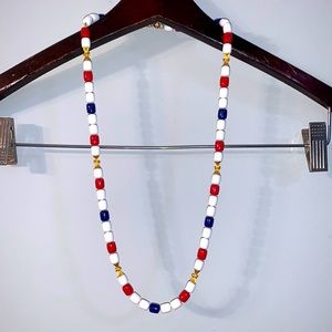 Navy theme Red, White an Blue Lucite Beaded Long Mod Necklace  28” handmade